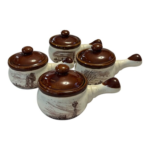 80s Vintage Farmhouse Soup Crock Set – Set of 4 – Brown Rim Stoneware Bowls with - Picture 1 of 11